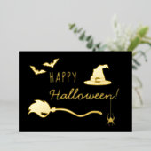 ハロウィンの魔女の帽子と箒、蜘蛛とコウモリ 箔シーズンカード (立ち正面)