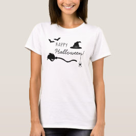 ハロウィンの魔女の帽子と箒、蜘蛛とコウモリ Tシャツ