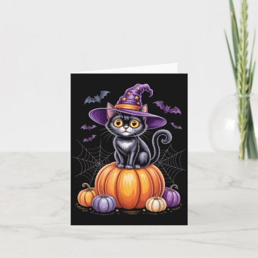 ハロウィンの魔女の帽子をかぶったカボチャの上の黒猫 カード (正面)