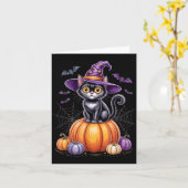 ハロウィンの魔女の帽子をかぶったカボチャの上の黒猫 カード (黄色い花)