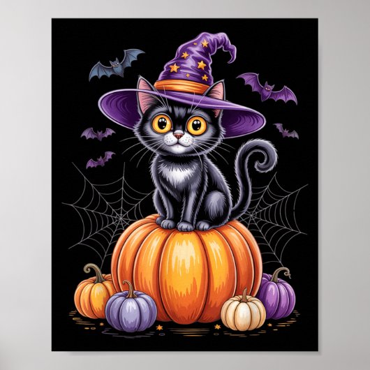 ハロウィンの魔女の帽子をかぶったカボチャの上の黒猫 ポスター (正面)