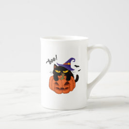 ハロウィンの魔女の帽子をかぶった太った黒猫 ボーンチャイナマグカップ