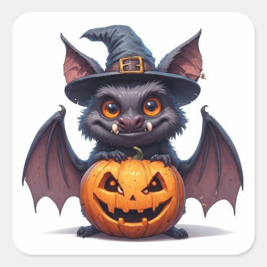 ハロウィンの魔女の帽子をかぶった怖いコウモリとカボチャ 🎃 スクエアシール (正面)