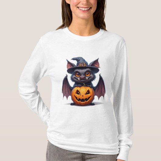 ハロウィンの魔女の帽子をかぶった怖いコウモリとカボチャ 🎃 Tシャツ (正面)