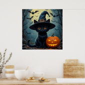 ハロウィンの魔女の帽子をかぶった黒猫 ポスター (キッチン)