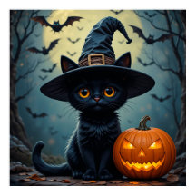 ハロウィンの魔女の帽子をかぶった黒猫
