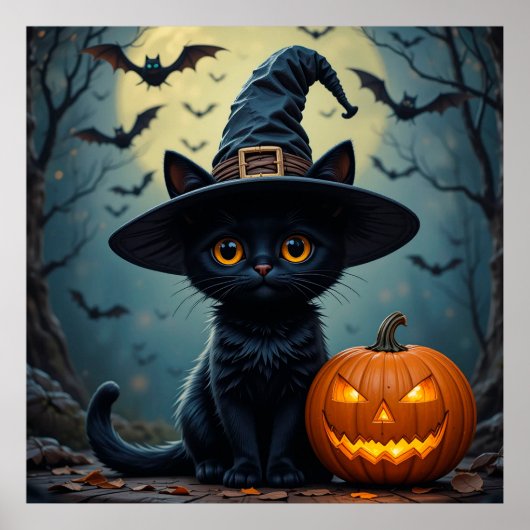 ハロウィンの魔女の帽子をかぶった黒猫 ポスター (正面)