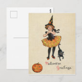 ハロウィンの魔女の格好をした女の子、黒猫、 ポストカード (正面/裏面)