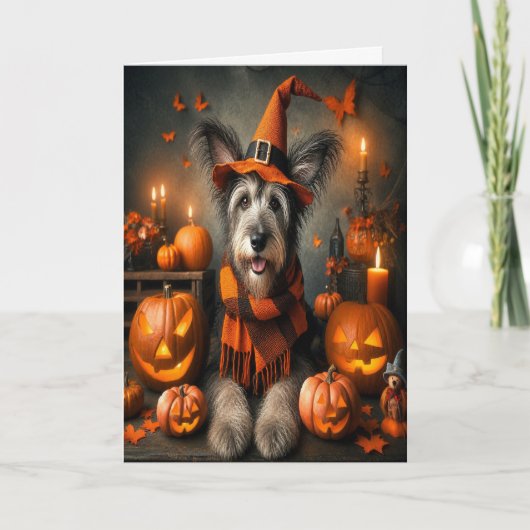 ハロウィンの魔女の犬 かわいい秋 カード (正面)