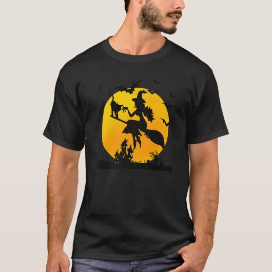 ハロウィンの魔女の箒と猫とコウモリ Tシャツ (正面)