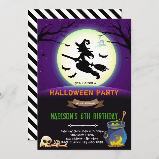 ハロウィンの魔女の誕生日パーティー 招待状 (正面/裏面)