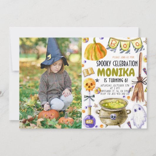 ハロウィンの魔女の鍋の誕生日招待状 招待状 (正面)