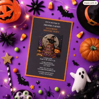 ハロウィンの魔女の魔法のポンプキンケーキ 誕生日パーティー 招待状