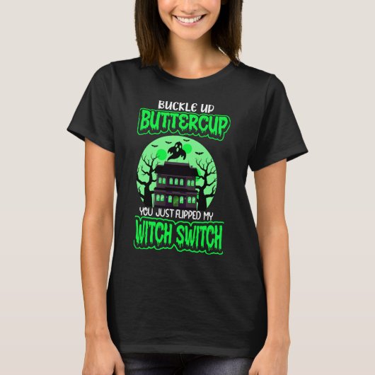ハロウィンの魔女スイッチ ネオン緑 Tシャツ (正面)