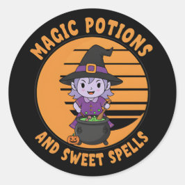 ハロウィンの魔女ステッカー マジックポーションで楽しい気分 ラウンドシール