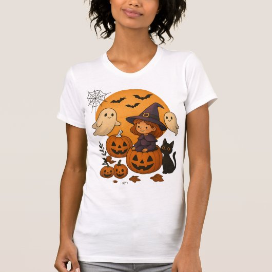 ハロウィンの魔女デザイン 幽霊やカボチャ Tシャツ (正面)