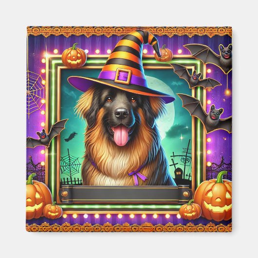 ハロウィンの魔女帽をかぶった犬 マグネット (正面)