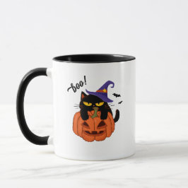 ハロウィンの魔女帽子をかぶった太った黒猫 マグカップ