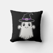 ハロウィンの魔女帽子をかぶった笑顔のキャラクター幽霊 クッション (正面)