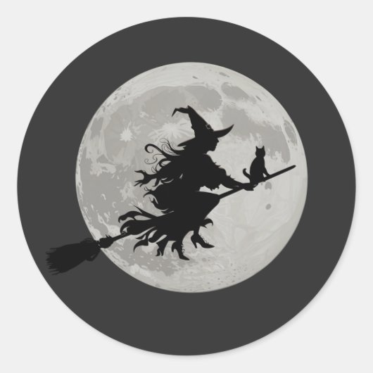 ハロウィンの魔女猫が満月を横切って飛ぶ ラウンドシール (正面)