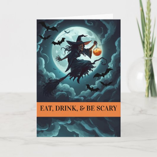 ハロウィンの魔女、「食べ、飲んで、怖がって」 カード (正面)
