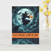 ハロウィンの魔女、「食べ、飲んで、怖がって」 カード (黄色い花)