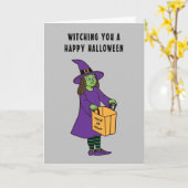 ハロウィンの魔法をあなたに。ハッピーハロウィン ウィッチの駒ジョーク カード (黄色い花)