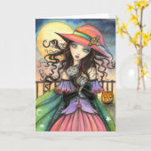 ハロウィンの魔法使いおよび虎猫猫の芸術の風 カード (黄色い花)