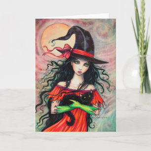 ハロウィンの魔法使いおよび黒猫のファンタジーの芸術 カード