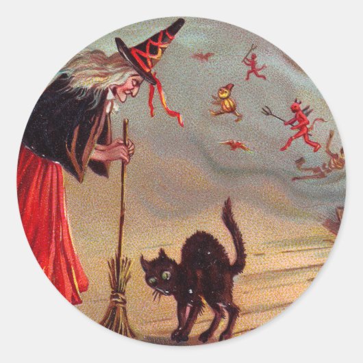 ハロウィンの魔法使いおよび黒猫 ラウンドシール (正面)