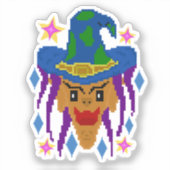 ハロウィンの魔法使いと箒 - ピクセルアート シール (正面)