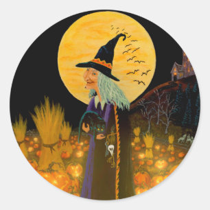 ハロウィンの魔法使いのステッカー、魔法使いおよびジャックOランタン ラウンドシール