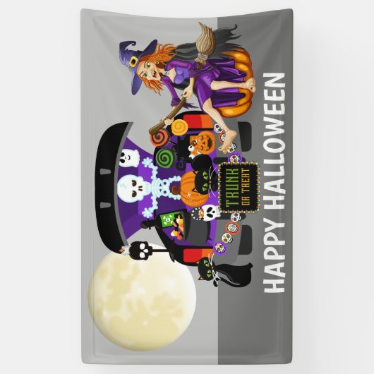 ハロウィンの魔法使いのトランクか御馳走はメッセージを加えます 横断幕 (縦)