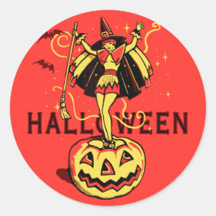ハロウィンの魔法使いの女の子(ヴィンテージ) ラウンドシール