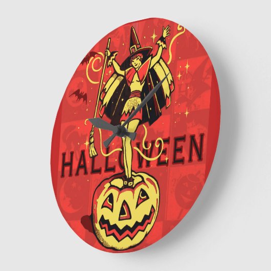 ハロウィンの魔法使いの女の子(ヴィンテージ) ラージ壁時計 (傾斜)