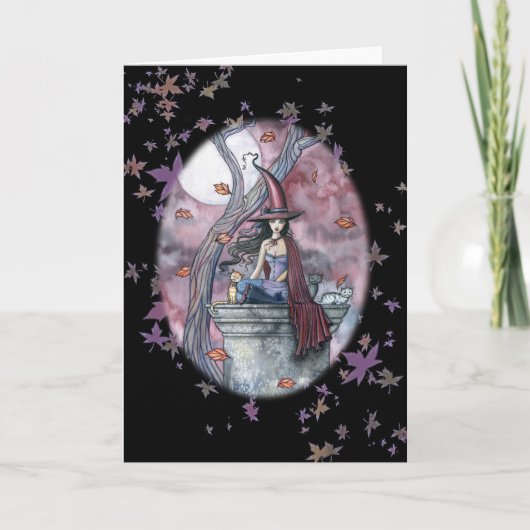 ハロウィンの魔法使い猫カード紅葉 カード (正面)