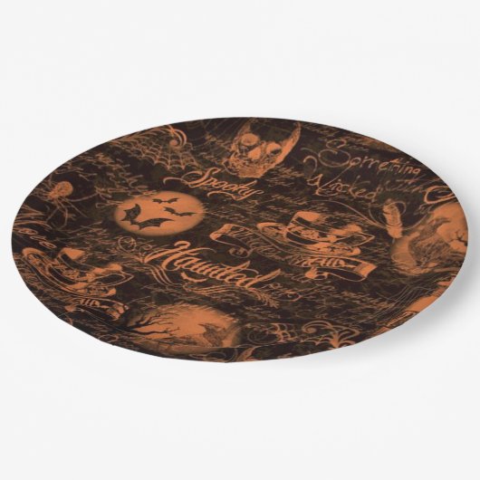 ハロウィンの黒い及びオレンジ幽霊のよく出るな紙皿 ペーパープレート (アングル)