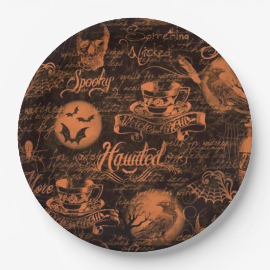 ハロウィンの黒い及びオレンジ幽霊のよく出るな紙皿 ペーパープレート (正面)