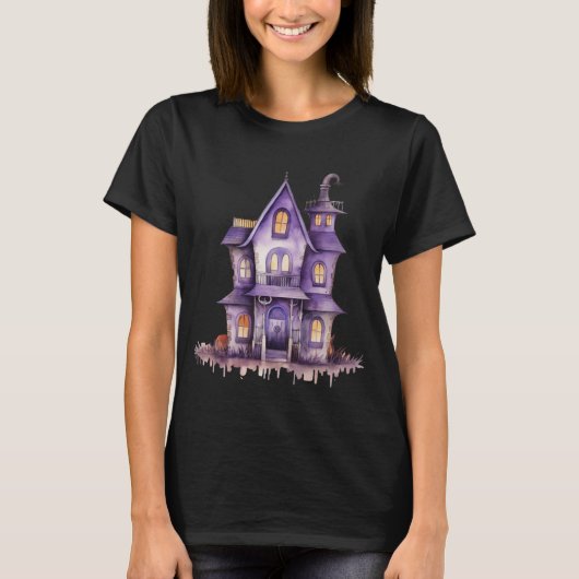 ハロウィンの黒い紫の幽霊の家 Tシャツ (正面)