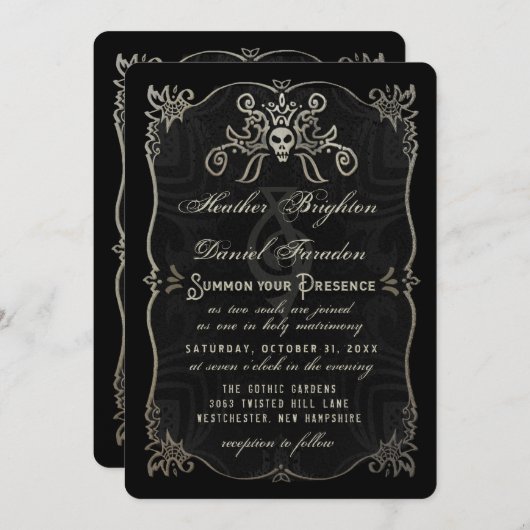 ハロウィンの黒い金ゴールドのエレガントなスカルの結婚式の招待 招待状 (正面/裏面)