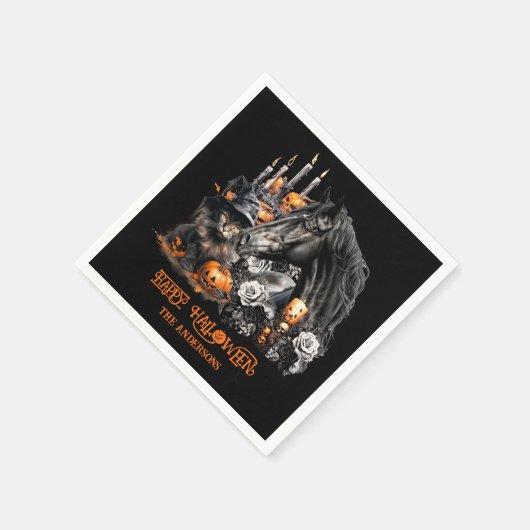 ハロウィンの黒い馬と黒猫の不気味なデザイン スタンダードカクテルナプキン (角)