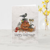 ハロウィンの黒い鳥およびカボチャ挨拶状 カード (黄色い花)