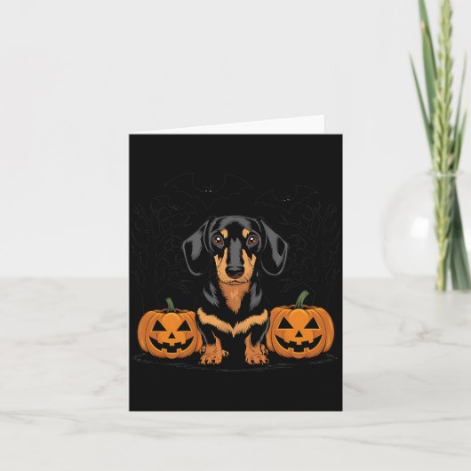 ハロウィンの黒とタンのダックスフント犬 カード (正面)