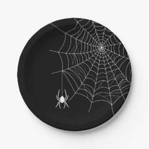ハロウィンの黒と白のクモの巣とクモ ペーパープレート