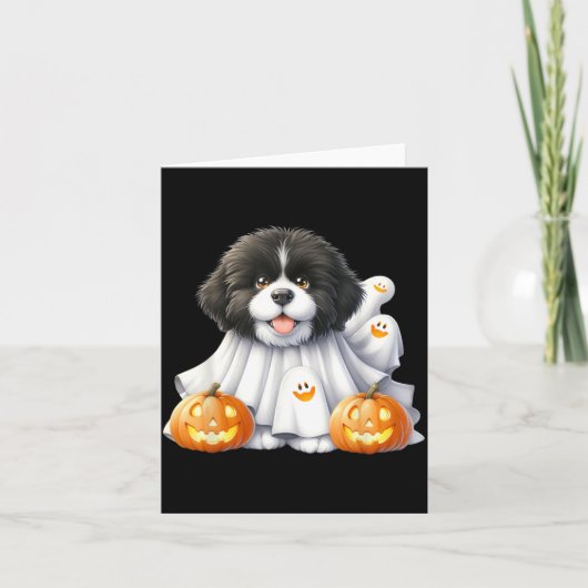 ハロウィンの黒と白の犬の幽霊のコスチューム カード (正面)