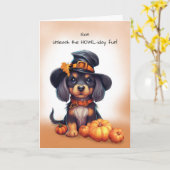 ハロウィンの黒犬のかわいい帽子 カード (黄色い花)