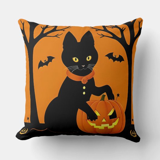 ハロウィンの黒猫がジャック・オ・ランタンに囲まれている クッション (正面)