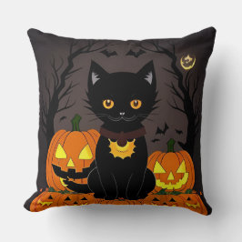ハロウィンの黒猫がジャック・オ・ランタンに囲まれて クッション