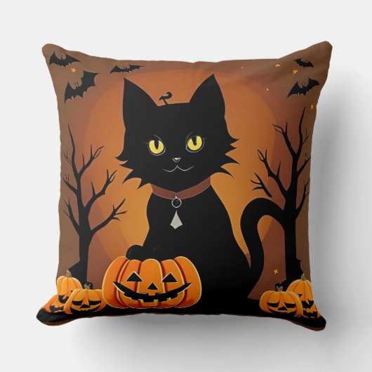 ハロウィンの黒猫がジャック・オ・ランタンに囲まれて クッション (正面)