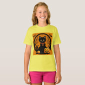 ハロウィンの黒猫がジャック・オ・ランタンに囲まれて Tシャツ (正面フル)